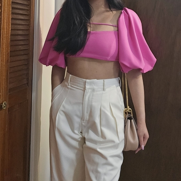 ZARA CROP TOP WITH PUFF DETAIL HOT BRIGHT PINK CERISE FUCHSIA size M - Picture 2 of 6